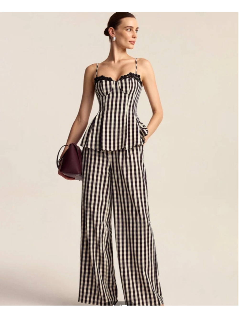 Commense Gingham Wide Leg Pant and Bustier Cami Set Size S Black and White